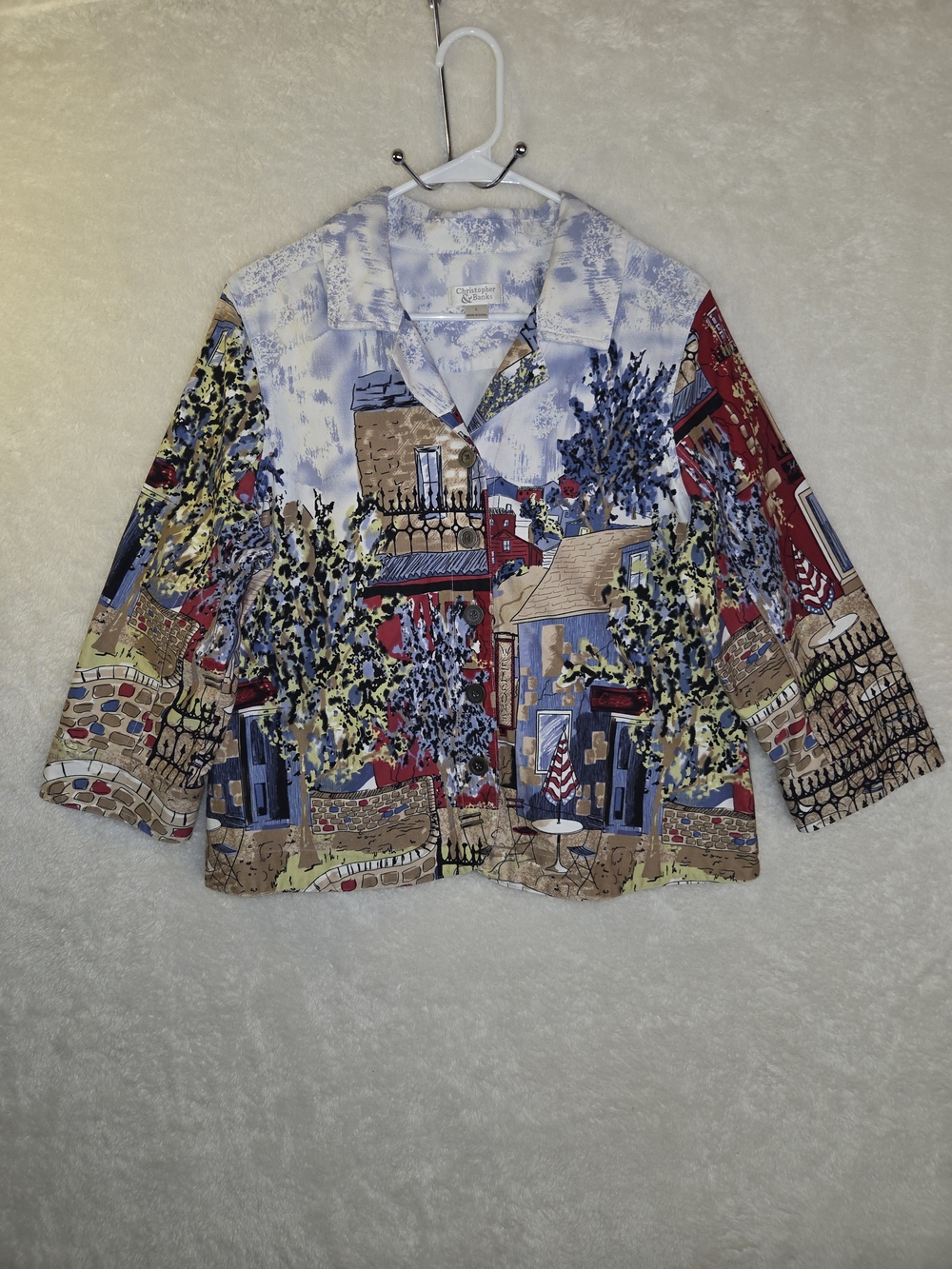 Christopher & Banks Artsy Scenic City Landscape Print Jacket 100% Cotton  Sz L